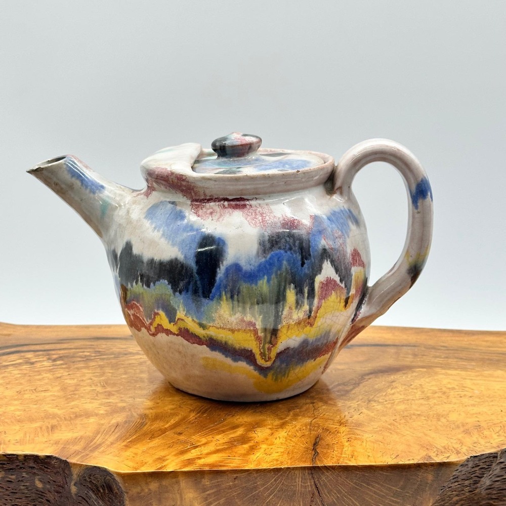 Vintage Studio Pottery Ceramic Teapot Marble Drip Glaze with Unique Lid